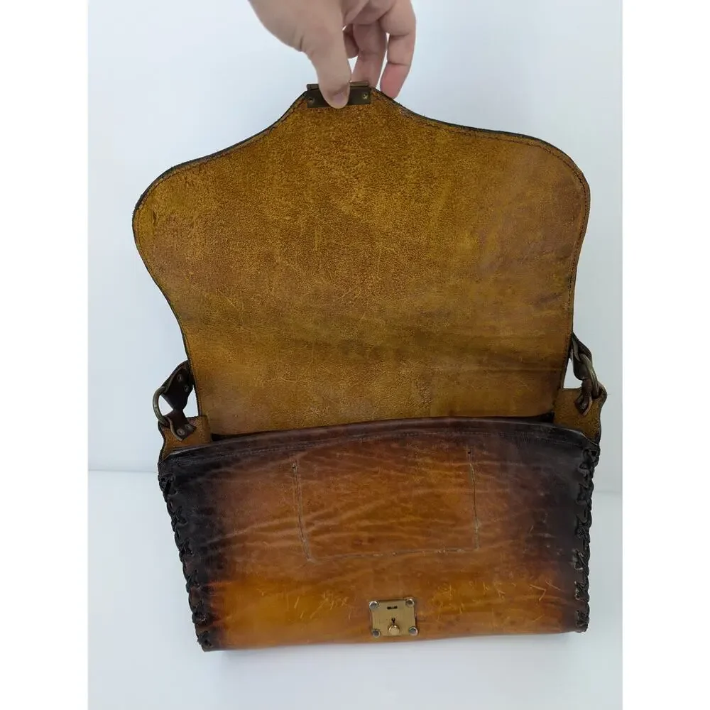 Vintage Tooled Leather Satchel, Whipstitch Boho Western Bag, Large, Brown Key